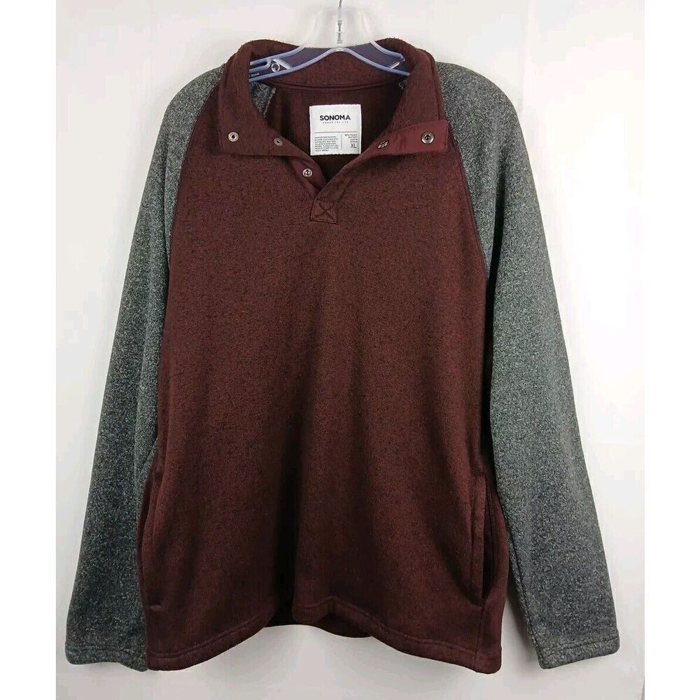 Sonoma  1/4 Snap Button Up Long Sleeve Pullover Sweater Mens XL Maroon/Gray